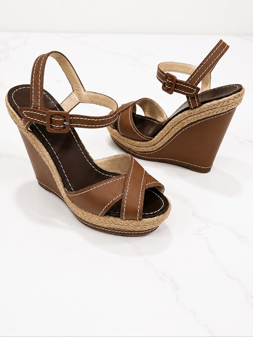 Christian Louboutin Brown Leather Espadrille Wedge Sandals